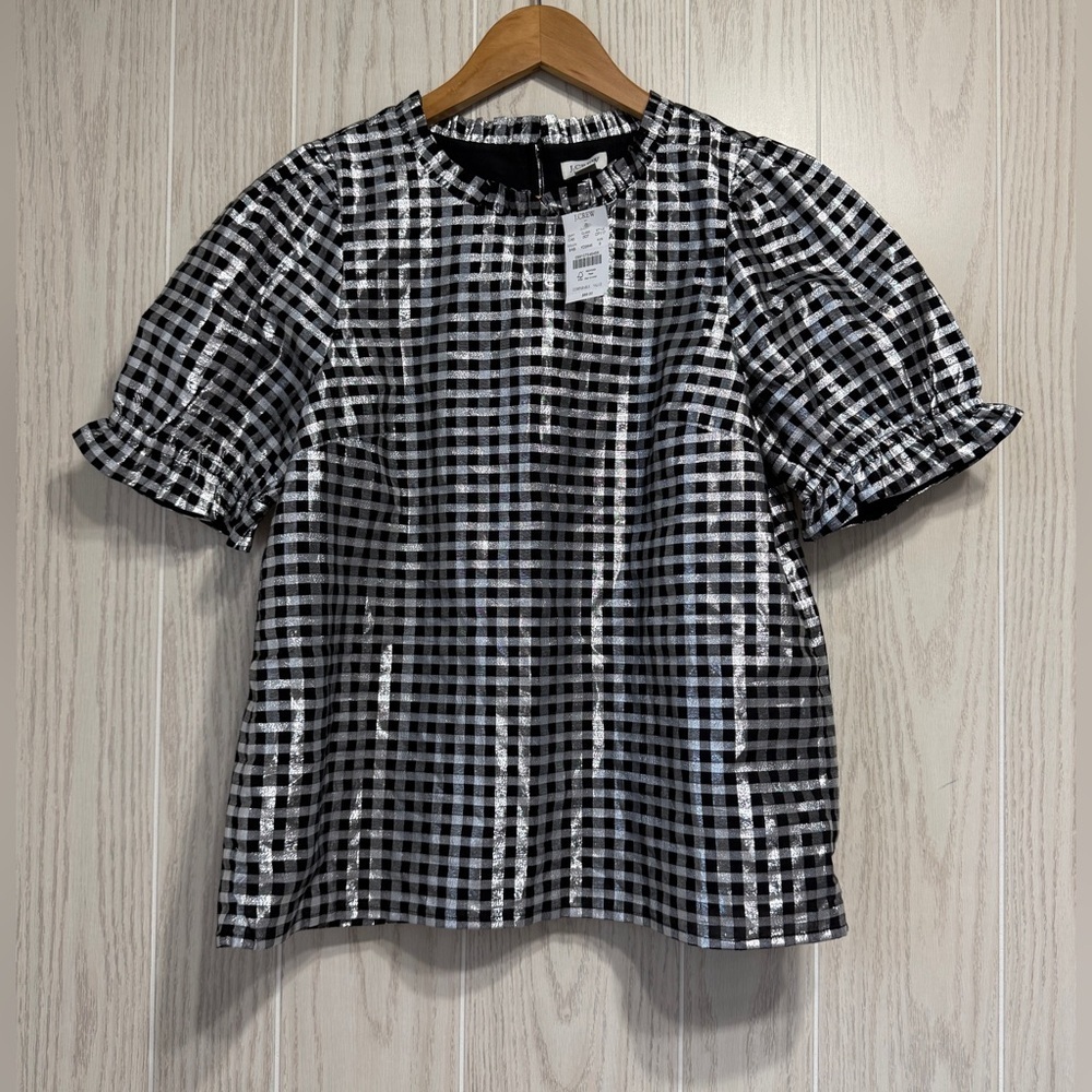 J.Crew Metallic Gingham Puff Sleeve Top Size S NWT